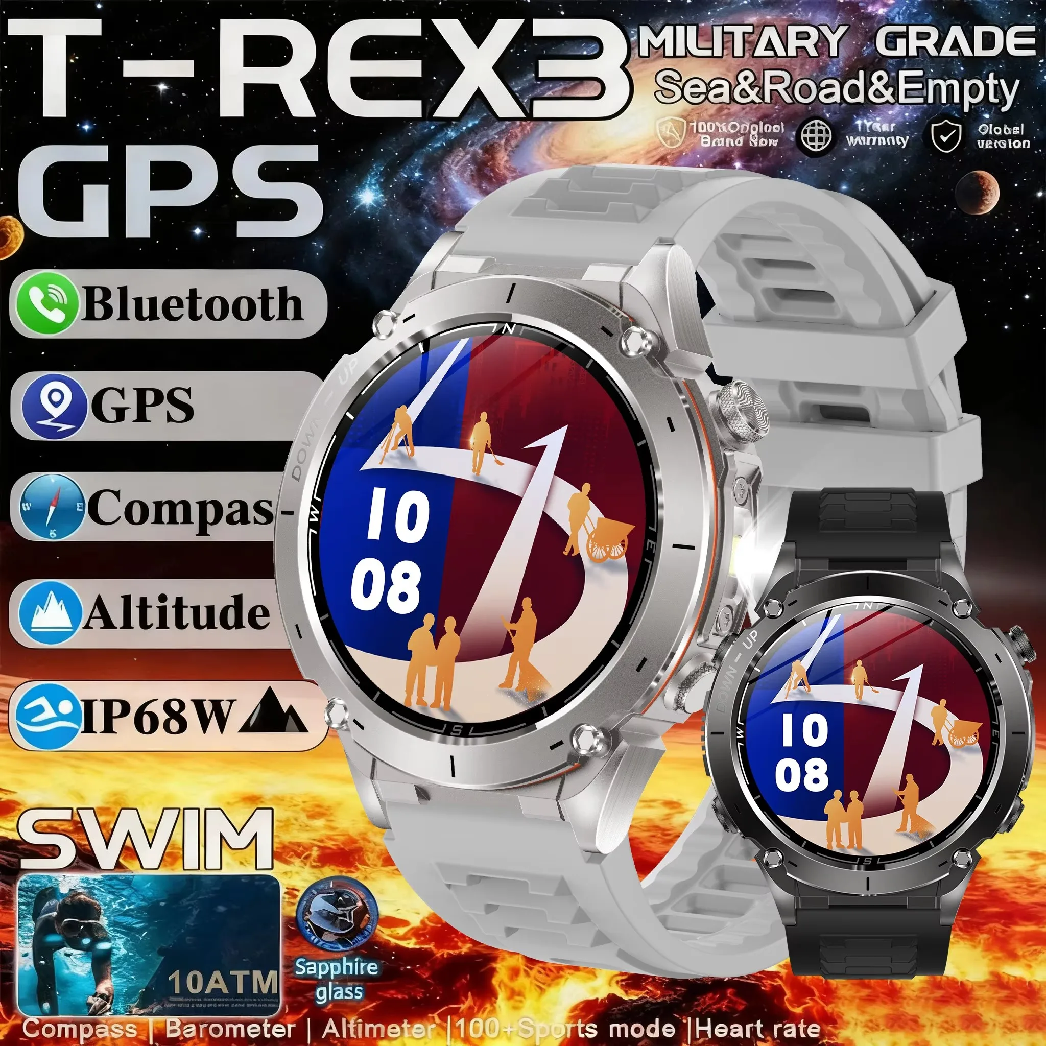 

Military GPS Smart Watch 1000mAh Battery 10ATM Waterproof BT Call Heart Rate Blood Pressure Sports tracker swimming 2025 New