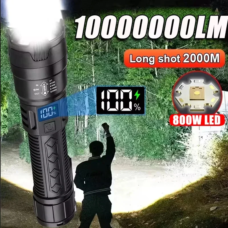Super Powerful LED Flashlight Built-in18650 Battery USB Rechargeable Zoom Torch With Power Display Outdoor Tactical Flashlights