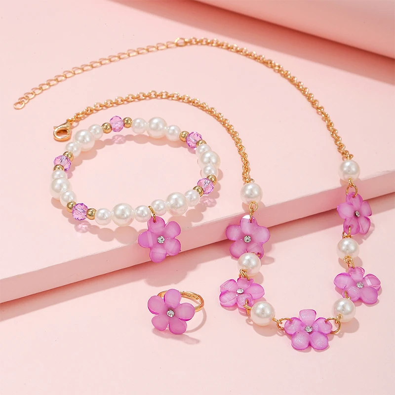 3Pcs/set Flower Charm Chain Necklace with Beads Bracelet Ring Jewelry Set for Girls Daughter Party Birthday Gift