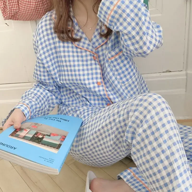 New Model 2024 Women Cotton Pajamas Female 2 Piece Set Fashion Relaxation Pijama Plaid Nightwear Autumn Cozy Loungewear Pyjamas