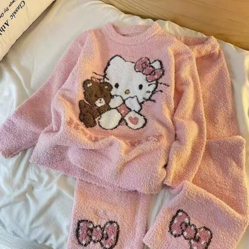 

Комплект пижам Sanrio Hello Kitty Sweet Girl для женщин: домашняя одежда для отдыха и сна, осенне-зимний, повседневный, новый, на фланелевой подкладке, теплый и толстый