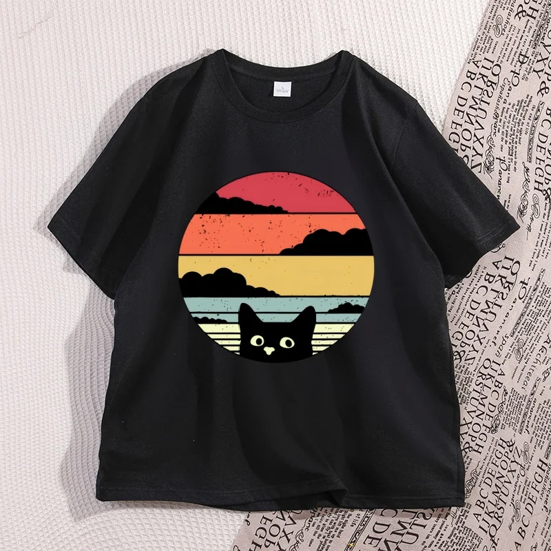 

Black Cat Sunset T Shirt Vintage Graphic Unisex T Shirt Cool Streetwear Men Tshirts Casual High Quality Cotton Y2k Clothes