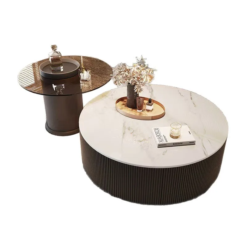 

Round rock slab coffee table combination black modern living room household small apartment simple light luxury advanced