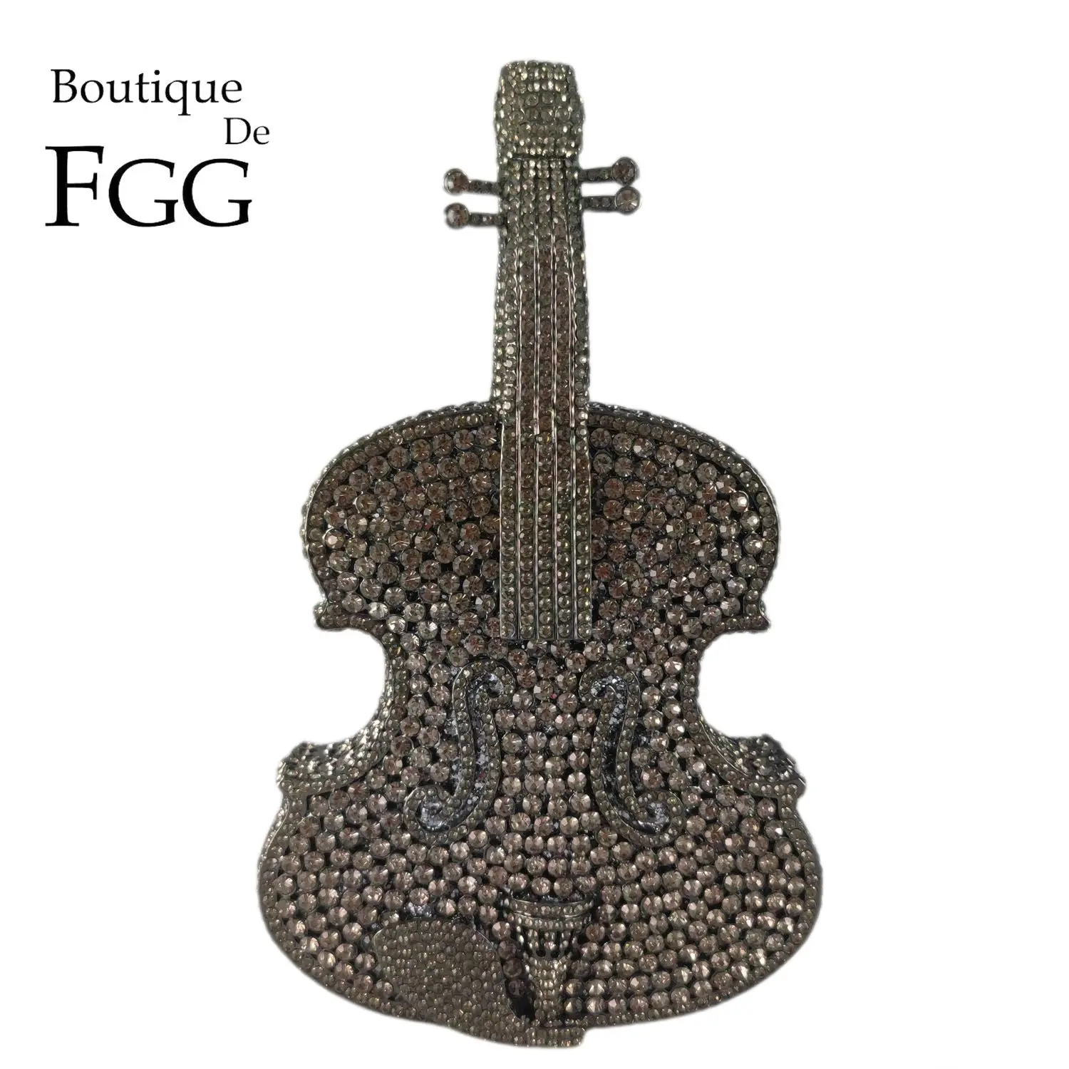 

Boutique De FGG Violin Shape Women Grey Crystal Clutch Evening Bags Party Dinner Rhinestone Minaudiere Handbags and Purses