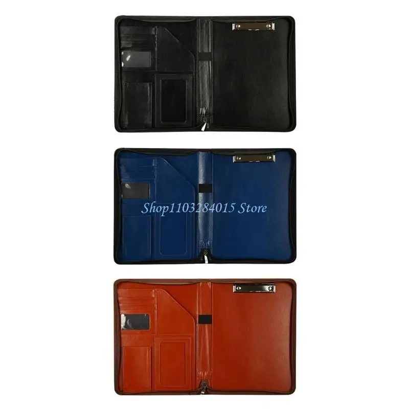 

R6FF PU Leather Conference Folder with Clipboard Multiple Pocket Card Holder Pen Slot Clipboard Zippered Business File Case