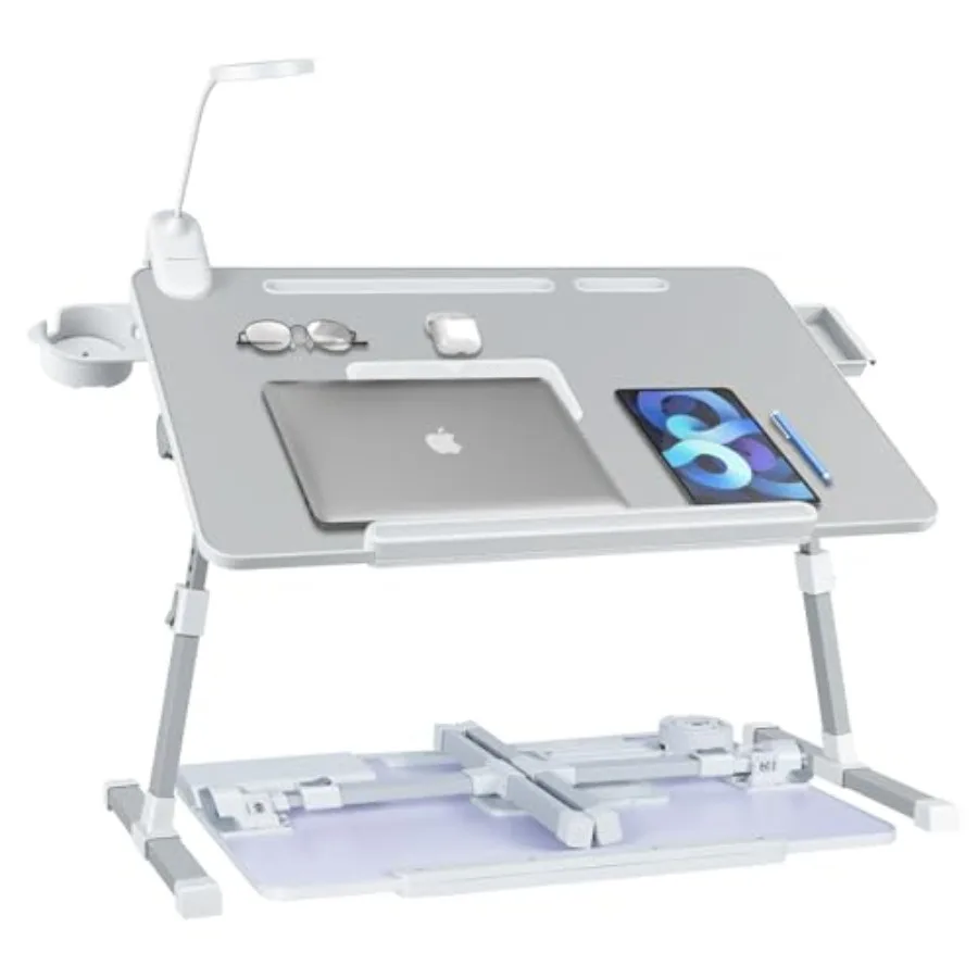 

Laptop Lap Desk with Cooling Fan - Adjustable Bed Desk with Light Bed Table with Cup Holder Phone Holder - Storage Drawer Desk