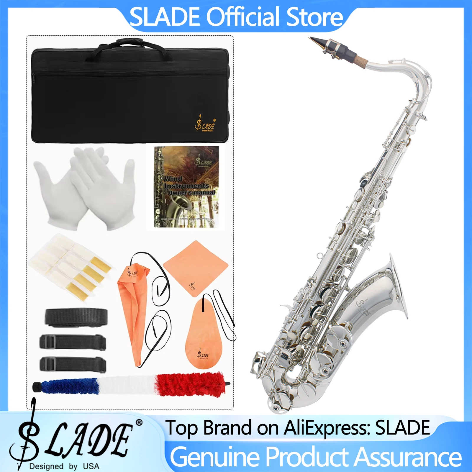 

SLADE Tenor Saxophone B Flat Silver Lacquer Beginner Saxophone with Cleaning Cloth Carrying Case Neck Strap Reeds Complete Kit
