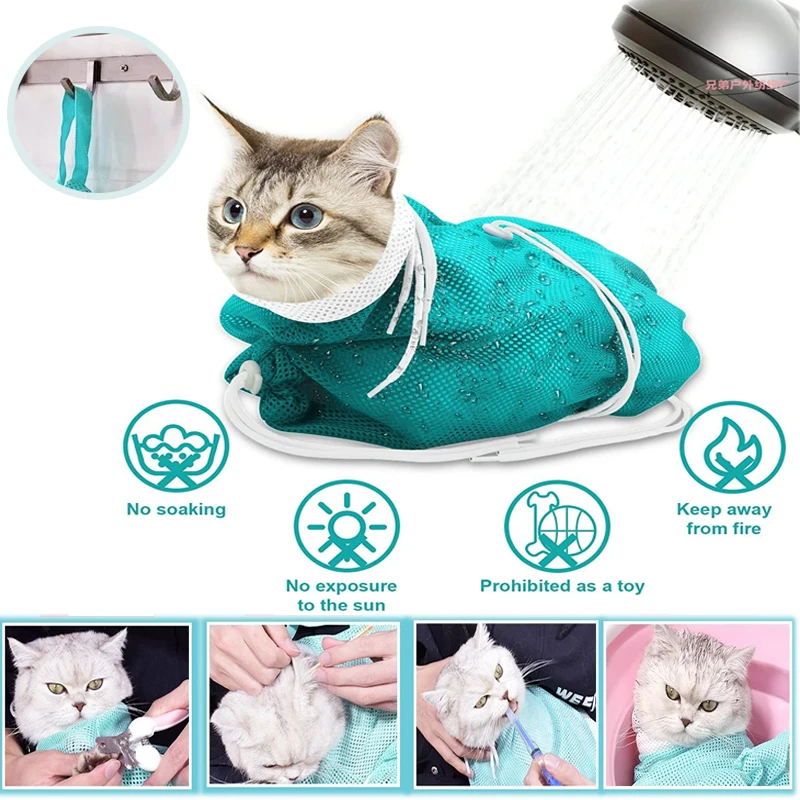 

Cat Grooming Shower Bag Mesh Polyester Washing Mesh Bag Adjustable Cat Restraint Bag Scratch Resistant Showering Nail Trimming