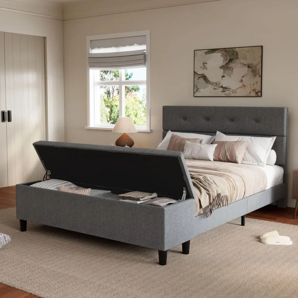 

Upholstered Queen Bed Frame with Ottoman Bench, Large Storage Space, Stylish Comfort, No Box Spring Needed, Light Grey