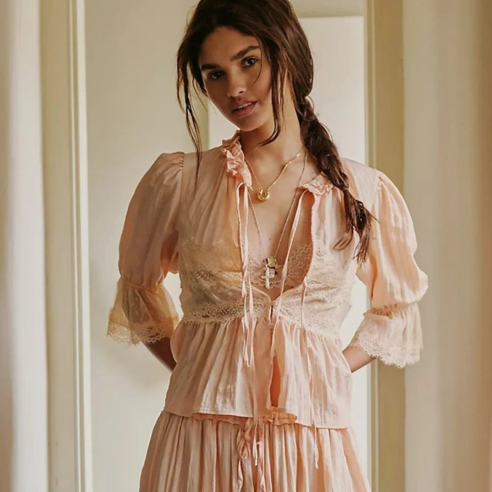 

Lace Cotton Bed Jacket Women Blouses Shirts Top Summer Vintage V-Neck Puff Sleeve free style Loose Causal Blouse ladies Tops