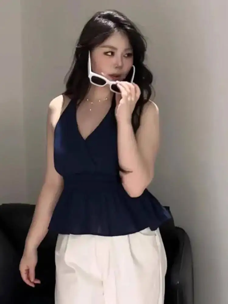 

plus Size Women's V-Neck Sleeveless Tank Top Hanging Neck Strap Design Sweet And Spicy Korean Style Commute Fashion Slim Fit