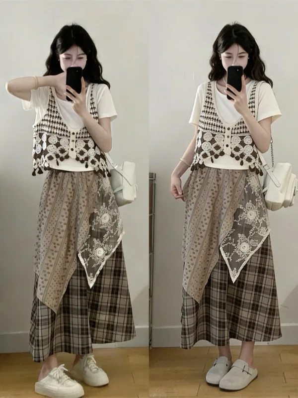 

plus Size Preppy Style Set Women Summer Plaid Vest Slim T-Shirt Asymmetrical Skirt Three-Piece Set High Waist Midi Length
