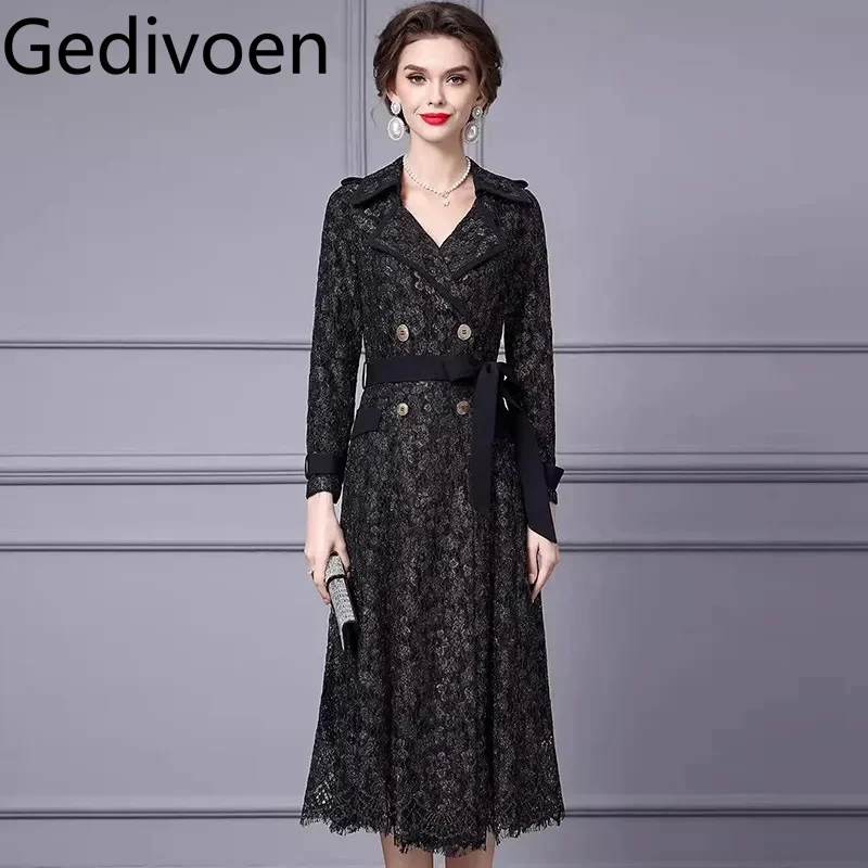 Gedivoen Autumn and winter Women's Dress Notched Long-Sleeved Double-breasted Lace-Up Lace Hollow Out S-3XL Dresses