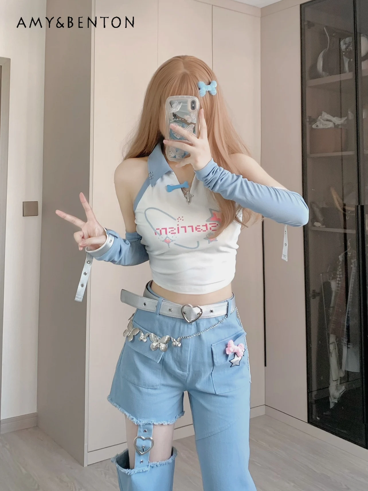 Subculture Sweet Cartoon Printing Lapel Short Top Retro Hollow High Waisted Jeans Dopamine Hot Girl 2 Piece Sets Womens Outfits