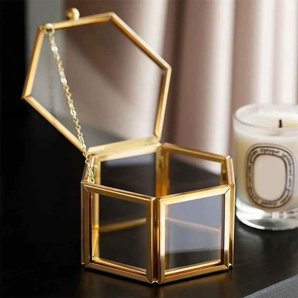 Gold Hexagonal Ring Box Hexagon Geometric Glass Jewelry Storage Box Retro Luxurious Wedding Ring Box Jewelry Storage