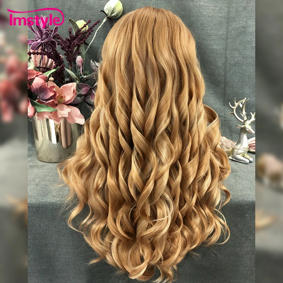 Imstyle Synthetische Spitze Vorne Perücke Gold Blonde Perücke Lange Natürliche Wellenförmige Perücken Für Frauen Hitze Beständig Faser Cosplay