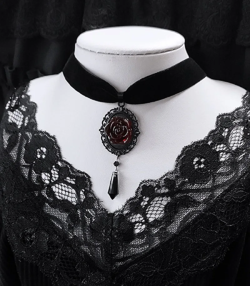 Gothic Dark Rose Cameo Choker Women Girls Halloween Pagan Witch Jewelry Accessories Gift Vintage Vampire Rose Velvet Necklace