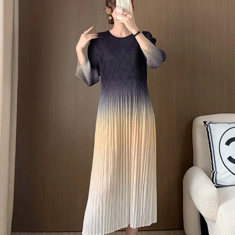 Miyake Pleated Temperament Gradual Waist Closing Maix Dress Women's Fashion Elegant Commuting Retro Style Summer Dress