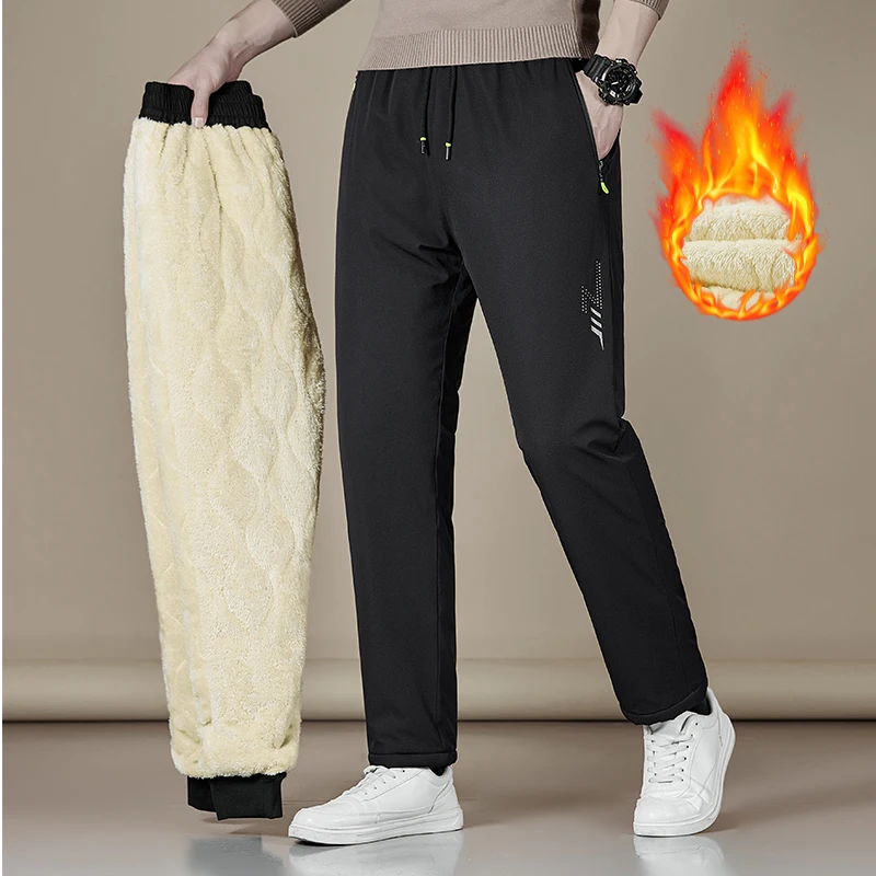 Pantalones de lana de cordero para hombre, pantalones elásticos informales, cortavientos de talla grande para otoño e invierno, pantalones resistentes al agua, pantalones de invierno
