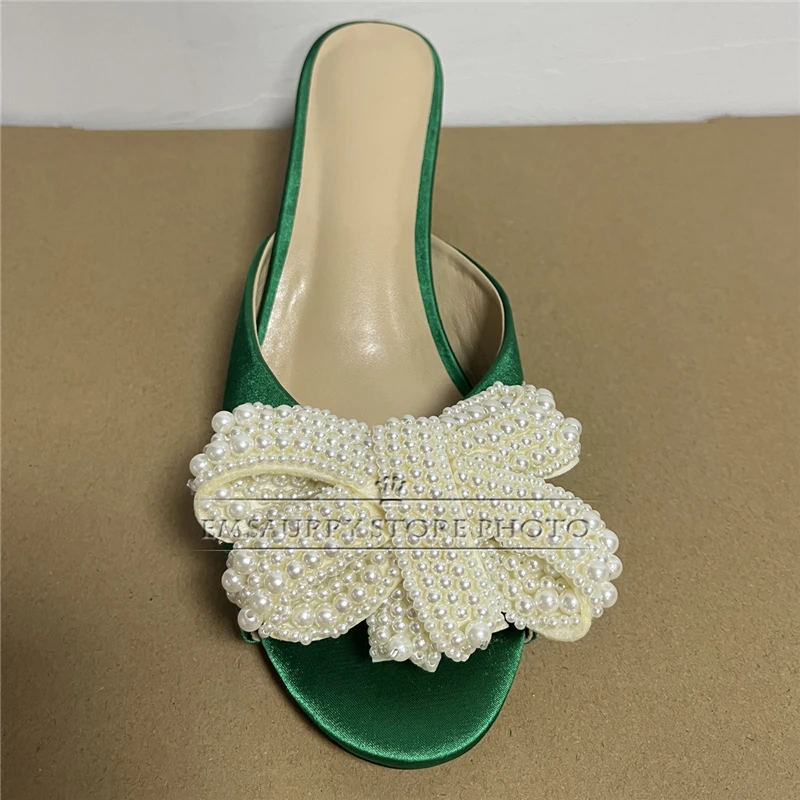 Luxury Satin Slingbacks Mules For Girls Summer 6cm Rhinestone Diamond Heel Quality Beads Butterfly-Knot Sandals Women