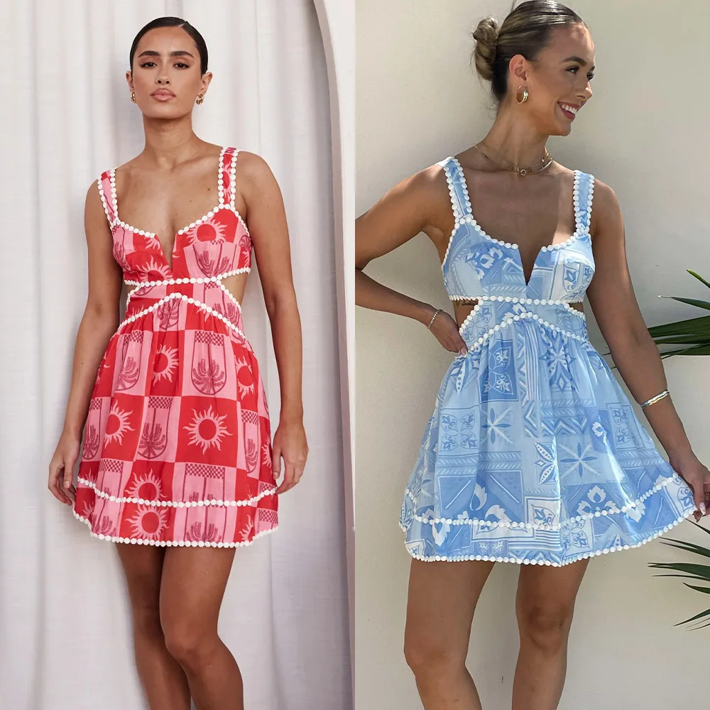 

European And American Women's Clothing Suspender Dress Print Decoration Lace Waist Sexy Slim