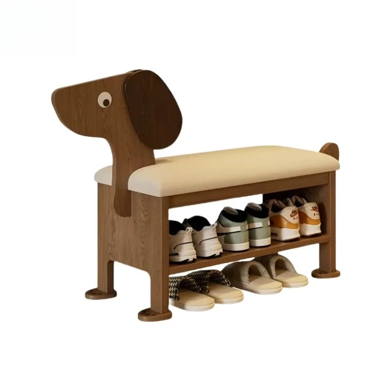 

Modern Cute Animal Bamboo Stool & Ottoman Creative Home Door Bench with Shoe Cabinet for Bedroom for Puppy Shoe Change