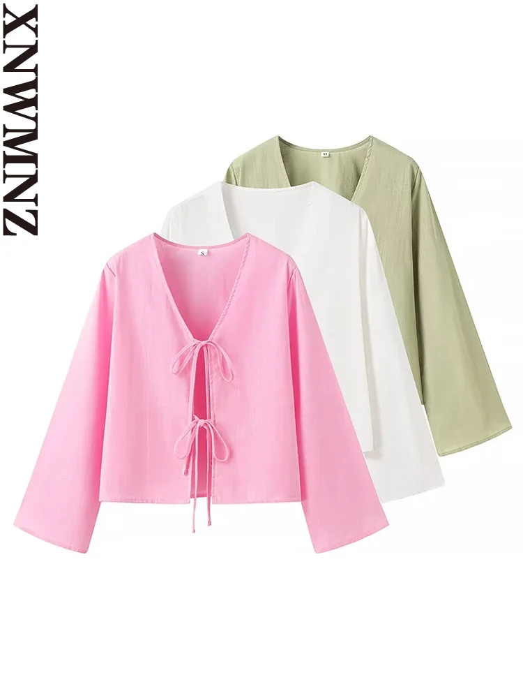 XNWMNZ 2024 Women's Fashion Tie Shirt Women High Street V-neck Long sleeved Casual Versatile Female Chic Top