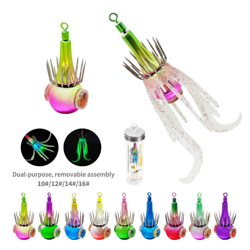 خطافات صيد الحبار الجديدة مع أضواء LED مزدوجة السحر خطافات الصيد الخفيفة 14 # /16 # هوك مقاوم للماء الحبار تهزهز الصيد الخشب الروبيان #1