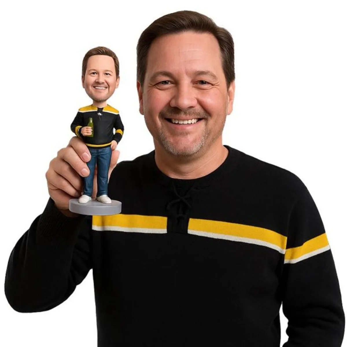 

Custom Bobblehead From Photo Personalized Handmade Clay Funny Dude With Beer Middle Finger Gesture Collectible Gift