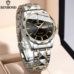 BINBOND B5552 Lnternational Fashion Business Quartz Mens Watches Stainless Steel Steel Band 50M Waterproof Luminous Mens Watch