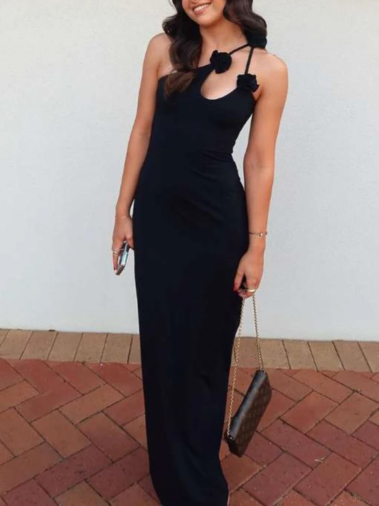 Yuzhexi flor-decorado fora do ombro recorte halter vestido preto robe elegante festa verão vestidos deslizantes para mulher