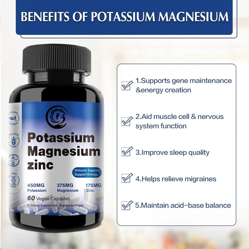 Magnesium potassium supplement 1000mg, used for leg spasms, supports vascular, bone, heart, and muscle health, vegetarian