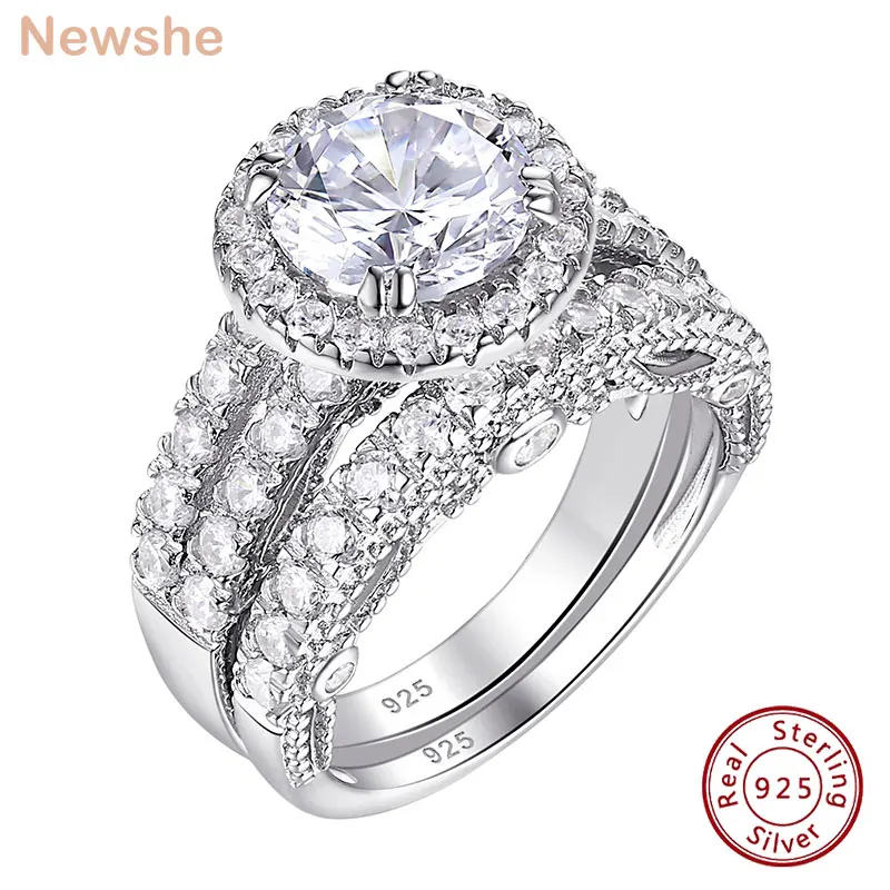 newshe pecas anel de casamento conjunto halo brilhante corte redondo aaaaa cz 925 prata esterlina aneis de noivado para mulher qr8466 01