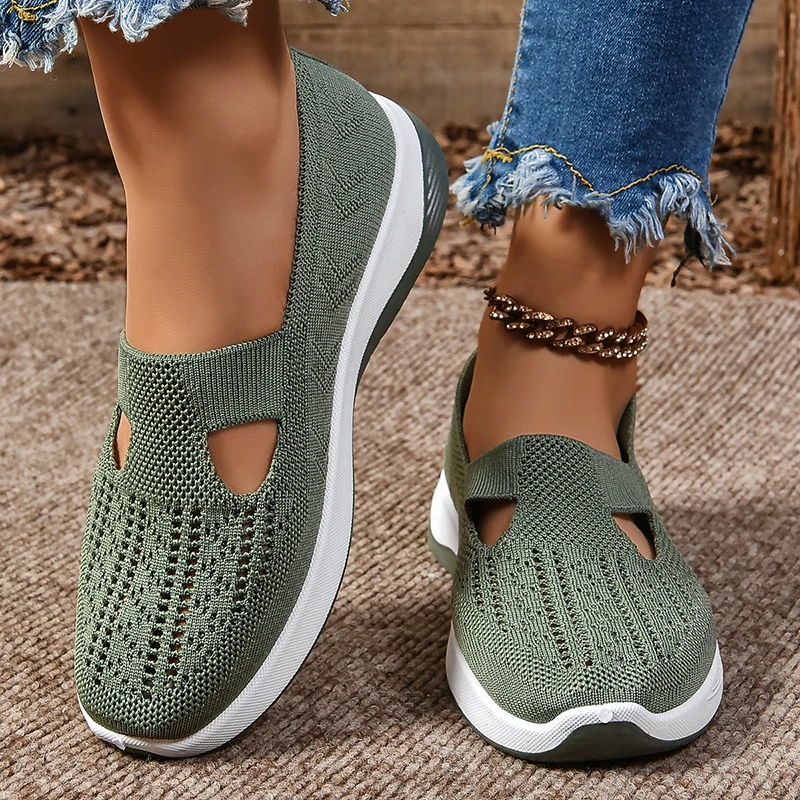 Women Sneakers Mixed Stretch Knitt Shoes Outdoor Mesh Breathable Platform Female Loafers Summer Lightweight Wear-resistant Flats