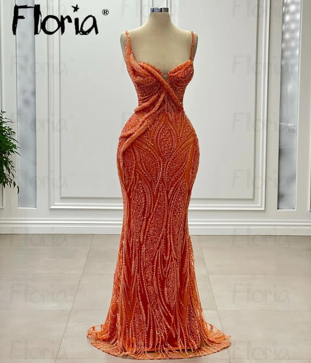 Beading Orange Evening Dress Arabic Square Neck Elegant Formal Prom Dresses Dubai Sparkly Sequins Celebrity Gowns Custom Made