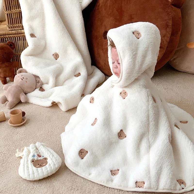 Baby Kids Hooded Velvet Coat Cloak Infant Girls Cute Fleece Fur Embroidery Bear Winter Warm Coat Outerwear Cloak Jacket