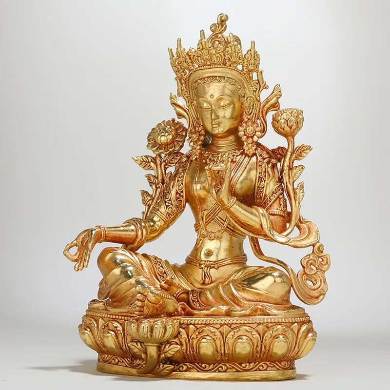 Tibetan Tantric Green Tara Buddha Statue Ornament, Fully Gilt Bronze, for Buddhist Altar Worship, Avalokiteshvara Bodhisattva St