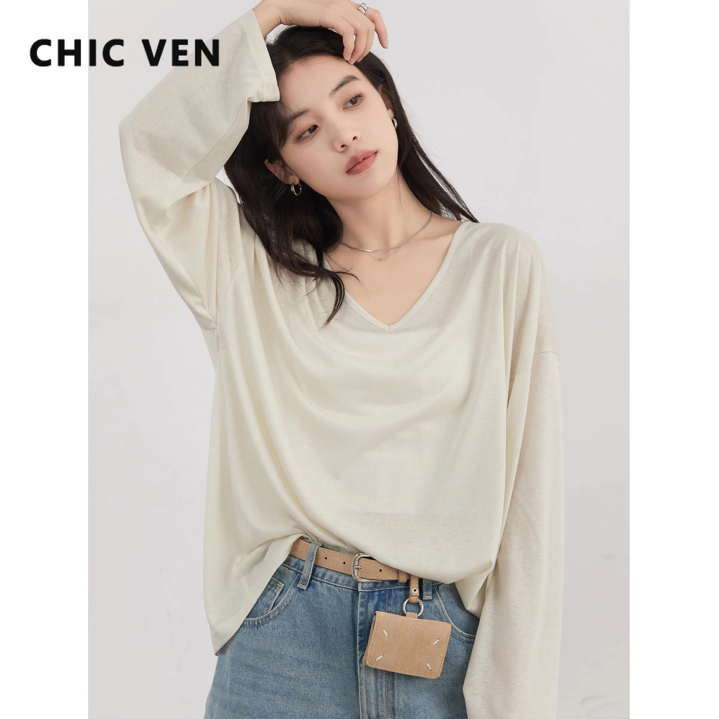 CHIC VEN Korean Women T-Shirts Loose Casual V-neck Long Sleeved Base Tees Thin Female Sun Protection Cover Spring Summer 2026