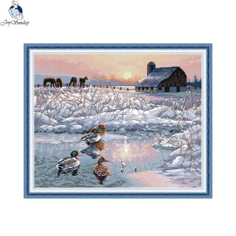 Joy Sunday Animal Cross Stitch Kits DIY Mandarin Ducks in the Cold Winter Embroider Needlework Cotton Embroidery Handmade Craft