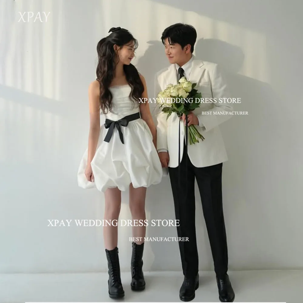 

XPAY Elegant Strapless Black Belt Mini-Length Korea Wedding Dress Photo Shoot Satin A Line Bridal Gowns Bride Dress Customized