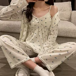 Fdfklak Neue Damen Pyjamas Set 3Pcs Strickjacke + Leibchen + Hosen Baumwolle Femme Nachtwäsche Frühjahr Herbst Komfort Lose Homewear