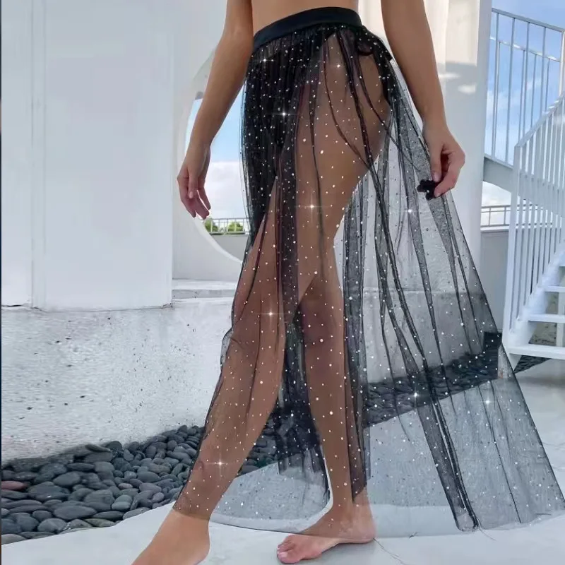 Shiny Beach Skirt Women's Sexy Black See-through Lace Half-length Skirt Princess Style Irregular Hemline Mid-aged Suitable