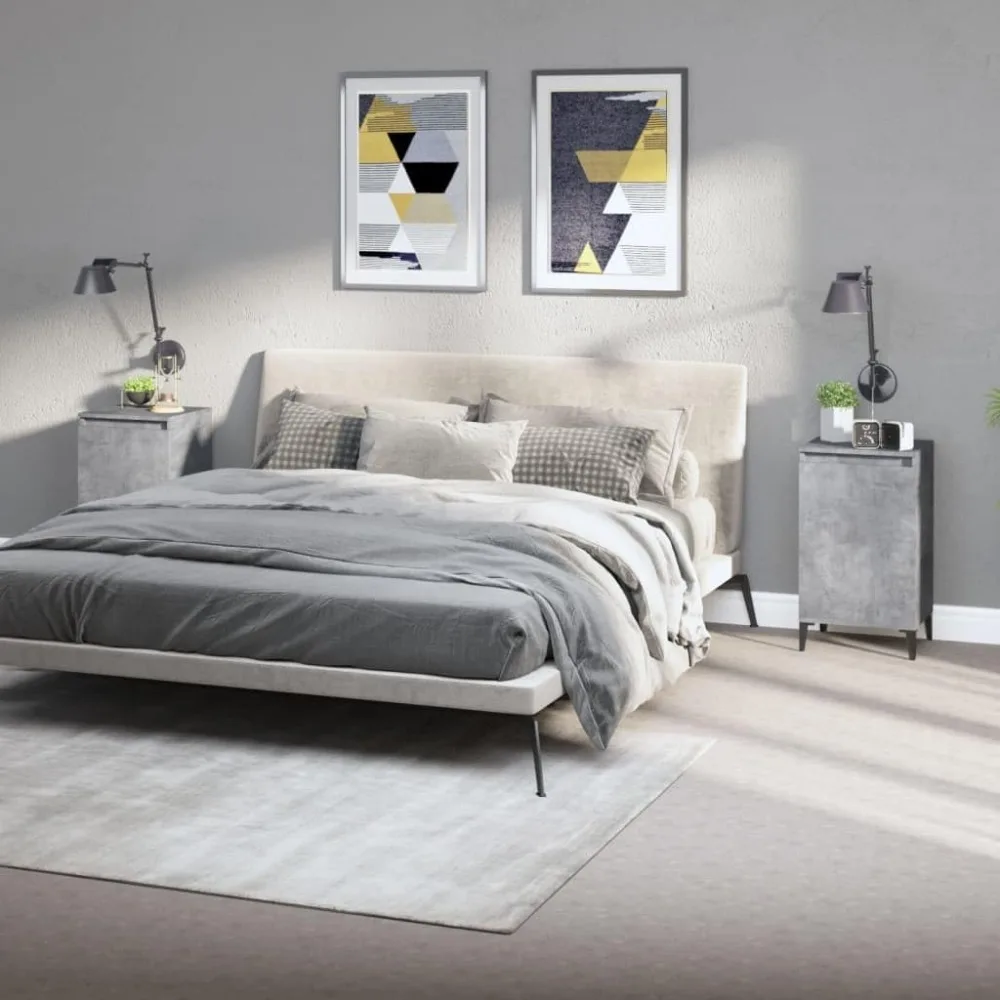 Nightstand Set of 2 Concrete Grey Engineered Wood, Metal Standard Bedside Cupboard Night Table for Hotel