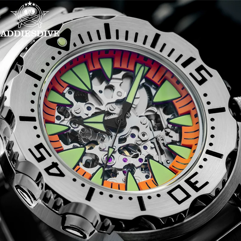 ADDIESDIVE Skeleton Automatic Mechanical Watch 8N24 316L Steel 20Bar Waterproof C3 Super Luminous Men Watch Reloj Hombre