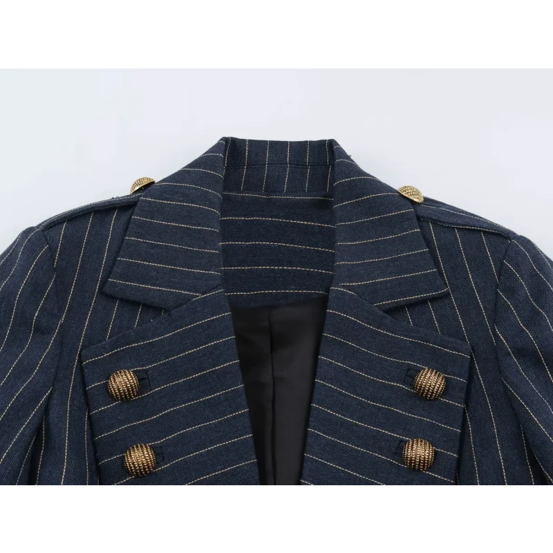 Women Striped Cropped Blazer Notched Lapel Double Breasted Metal Button Vintage Military Style Jacket Fall Outerwear
