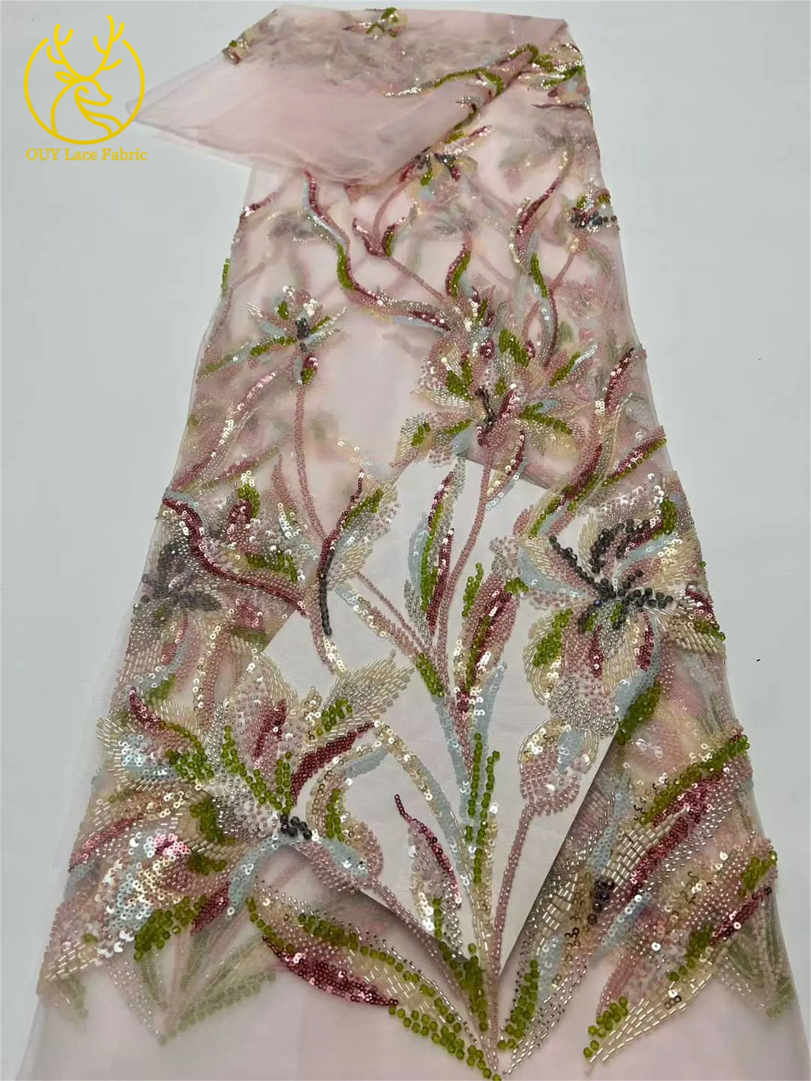 Luxuriöser afrikanischer Brautkleidstoff mit Perlenstickerei 2026 – Neuer französischer nigerianischer bestickter Blumen-Pailletten-Spitzenstoff für Hochzeits- und Partykleider – Detail 17
