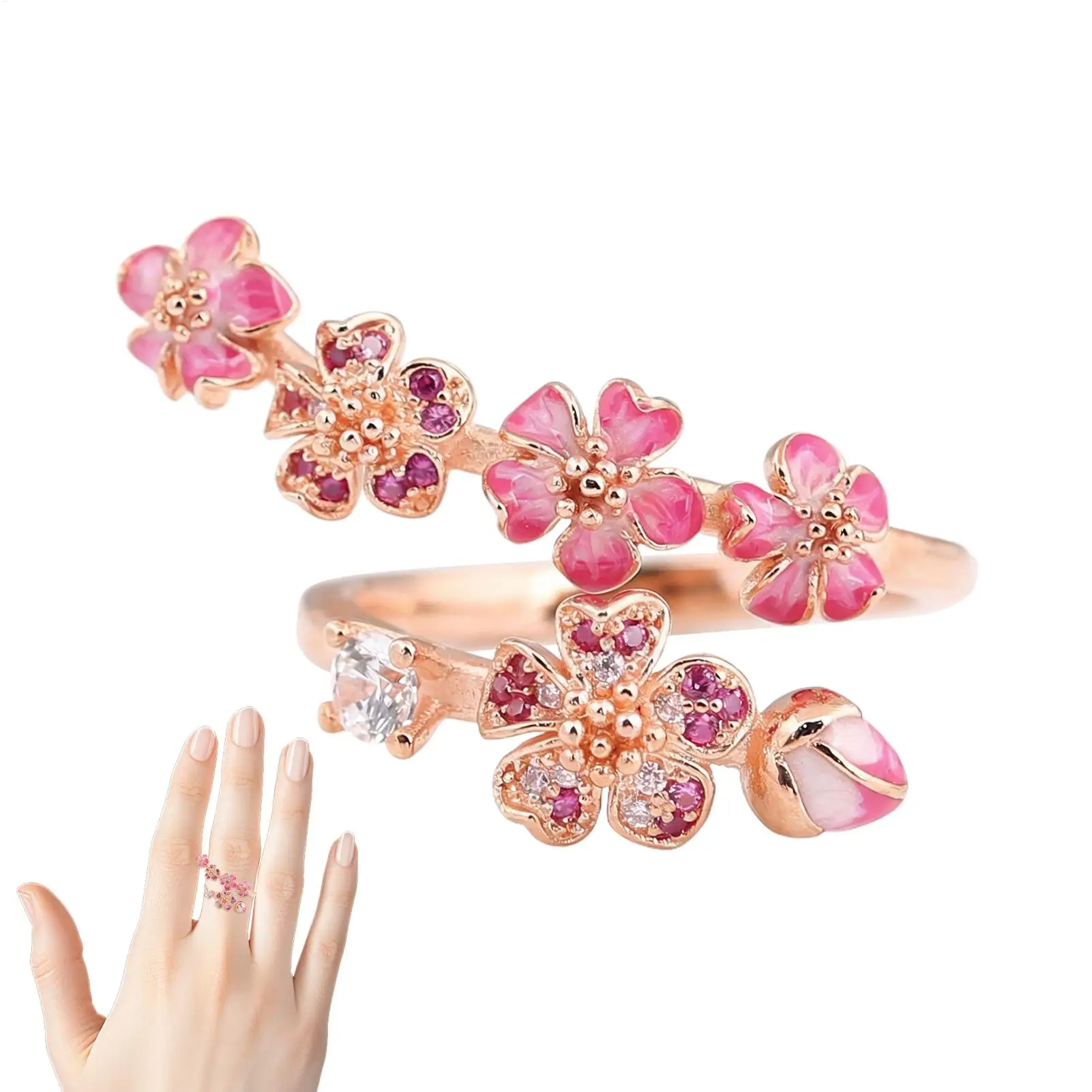 Adjustable Open Women Peach Blossom Ring Gemstone Embellished Rose Gold Plated Blossom Ring Crystal Party Gift