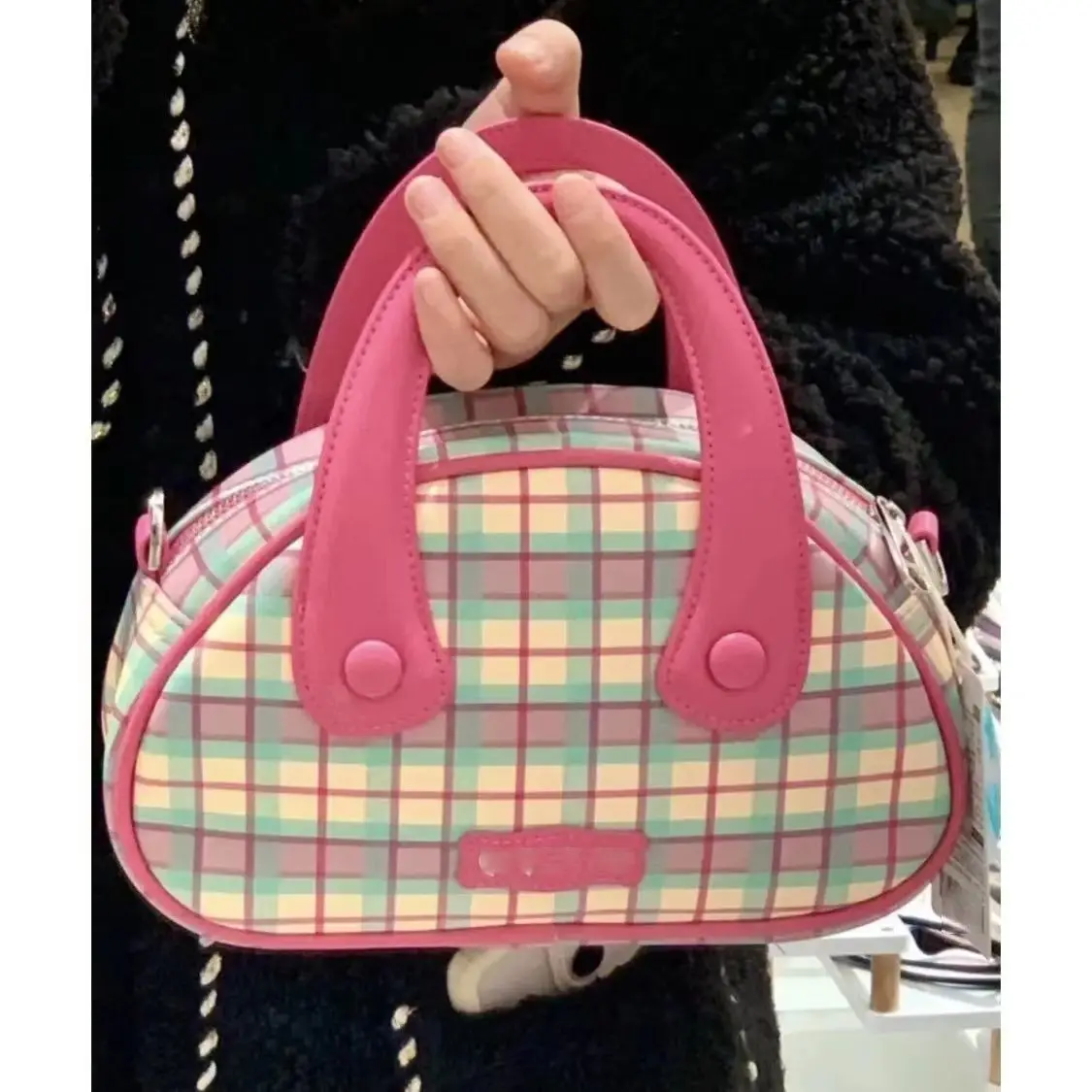 Pink Plaid Series Bowling Handbag Women\'s Spring New Fashion All-match Shoulder Bag Diagonal Bag Pink Bag Aesthetic Bags