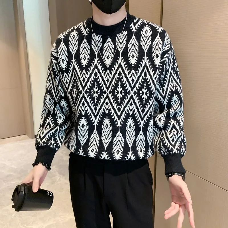

Осенне-зимний пуловер, полуводолазка, жаккардовый свитер в этническом стиле, мужская нижняя рубашка, вязаный свитер с длинными рукавами, топ