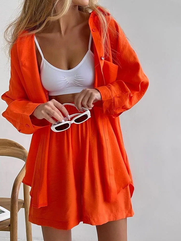 Oferta de Primavera: Conjunto de Camisa de Manga Larga de Color Liso y Pantalones Cortos, Estilo Casual Holgado con un Solo Botón, Estilo Urbano, Poliéster